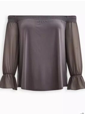 Torrid Gray Smocked Off-Shoulder Chiffon Sleeve Top Size 4